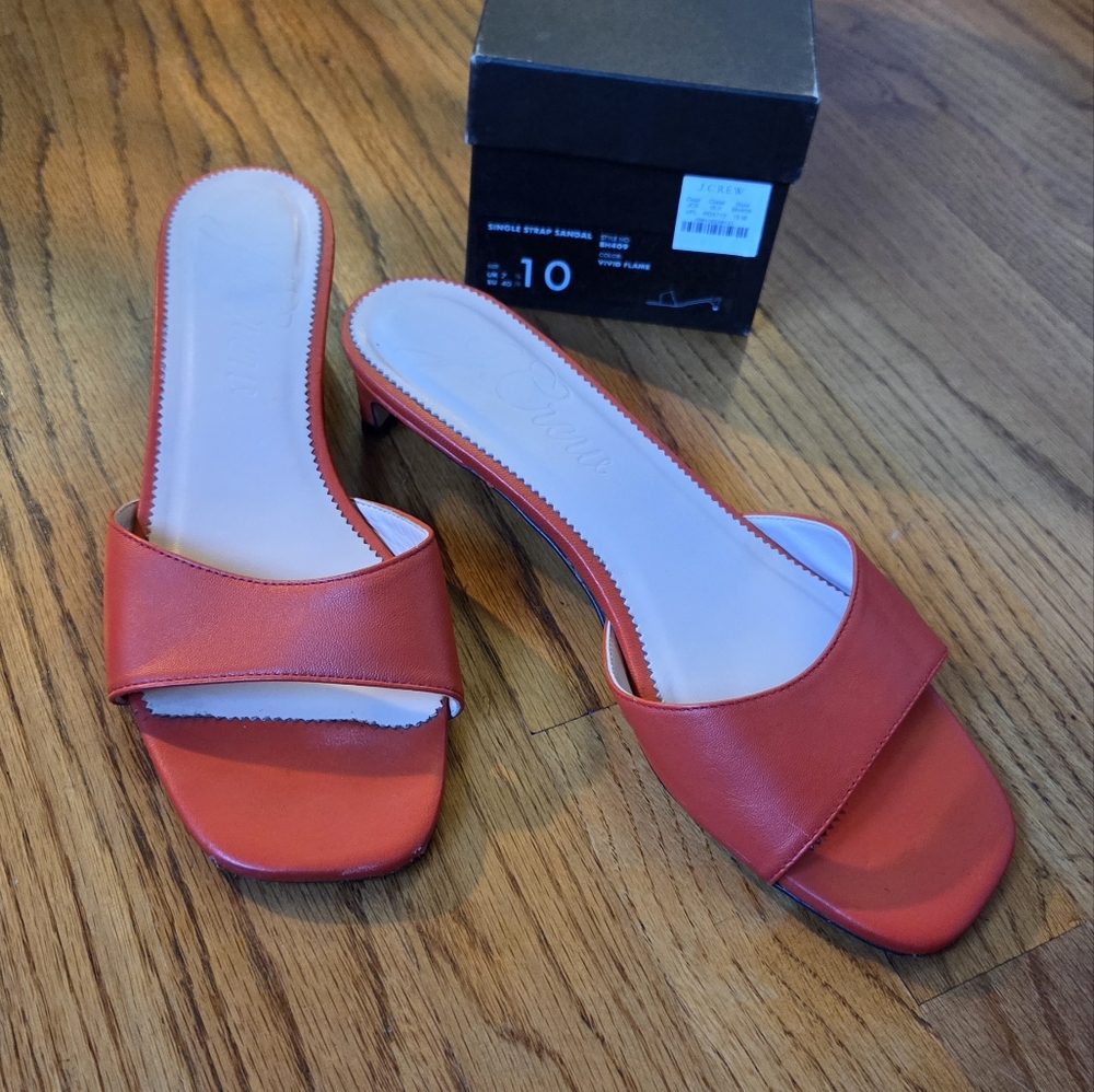 J.Crew Vivid Flame Leather Kitten Heel Slides